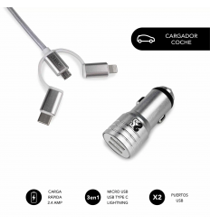 CARGADOR COCHE SUBBLIM USB+ CABLE 3EN1 SILVER