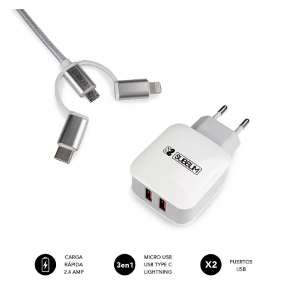CARGADOR PARED SUBBLIM + CABLE 3EN1 BLANCO